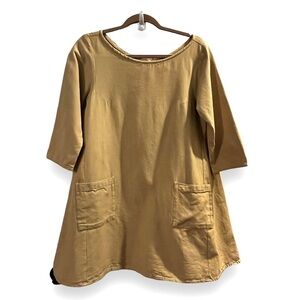 Tribe Alive Dress Lagenlook A-Line Swing Patch Pockets Mustard Yellow Small